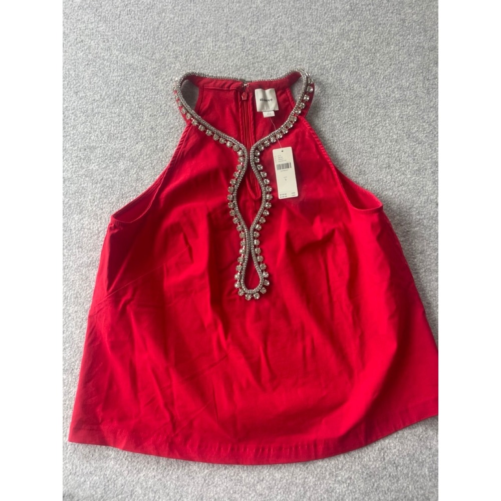 Maeve Anthropologie Red Crystal Embellished Halter Top Keyhole Blouse Small NWT